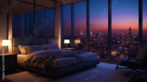 A bedroom with elegant furniture and a window leading to a metropolis in the evening