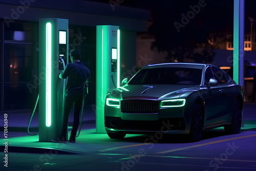 Man charging his EV car at charging station in the city at night © ZayNyi