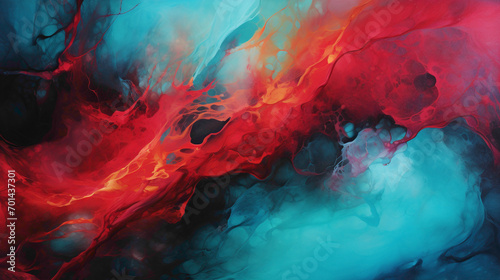 Fusion of ruby red and electric teal, resulting in a visually mesmerizing liquid background that evokes a sense of movement and vitality.