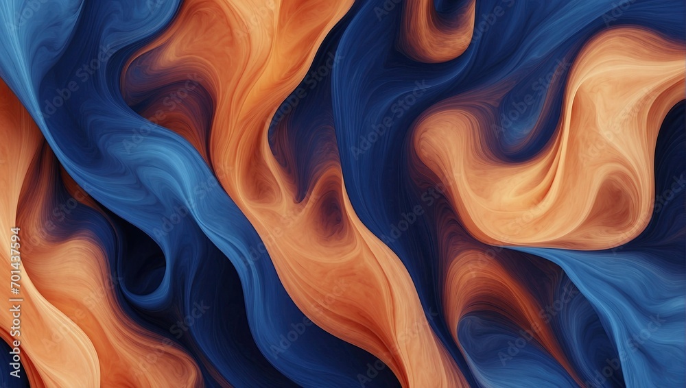 Abstract dynamic texture with waves of royal blue and peach colors, creating a harmonious blend resembling soft flames or undulating fabric in an artistic design.