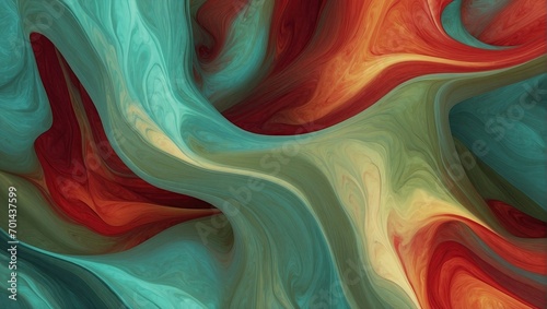 Vivid abstract texture of scarlet and light olive green swirls, creating a fiery and organic appearance with dynamic movement and a rich blend of colors for an artistic background.