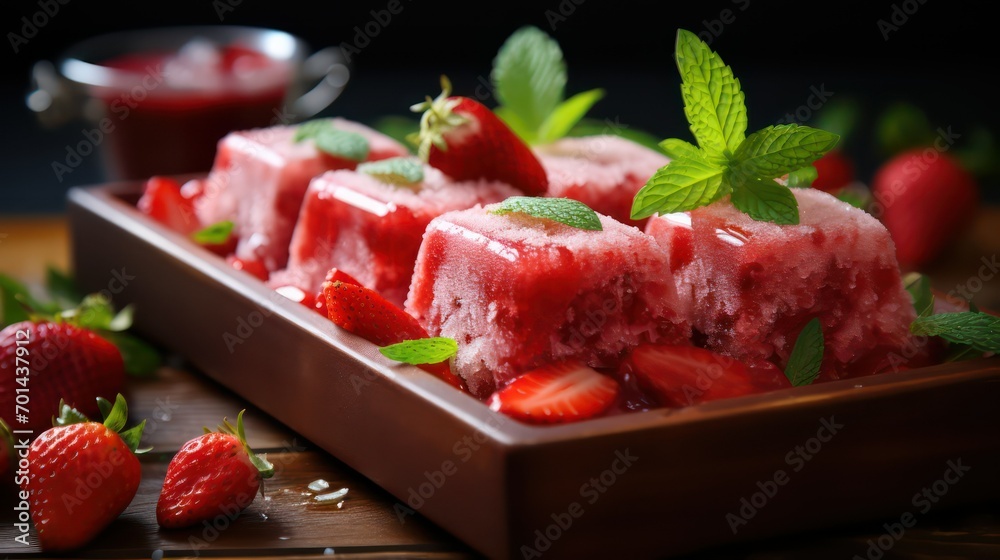 Strawberry ice cream with mint and strawberries on a wooden table Strawberry ice cream with mint and strawberries on a wooden table