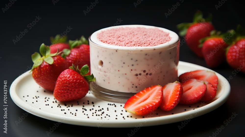 Yogurt with chia seeds and strawberries on a black background Yogurt with chia seeds and strawberries on a black background