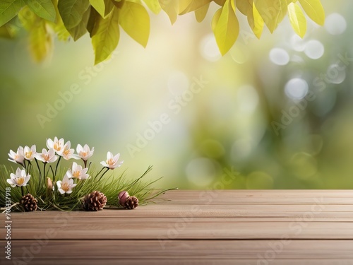 Wooden table with spring flowers on bokeh nature background. Copy space for your text