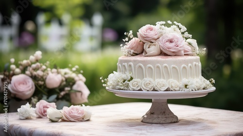 Wedding cake decorated with flowers on a table in garden