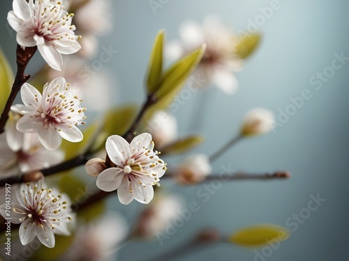 Spring blossom branch with delicate white flowers over dark blue background copy space for your text