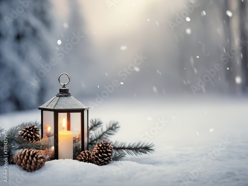 Christmas lantern with burning candle and pine cone on snowy forest background with copy space © Liudmila