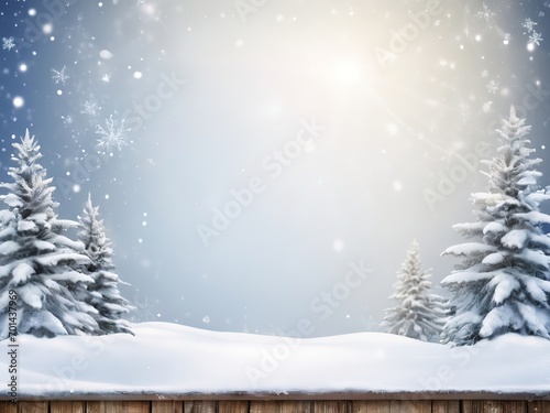 Winter landscape with snowy fir trees and snowflakes. Christmas background.