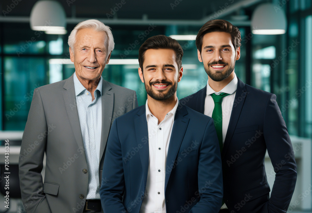 A cheerful trio of businessmen poses for an office portrait. The young leader, executive director, and two team members of different generations smile at the camera.