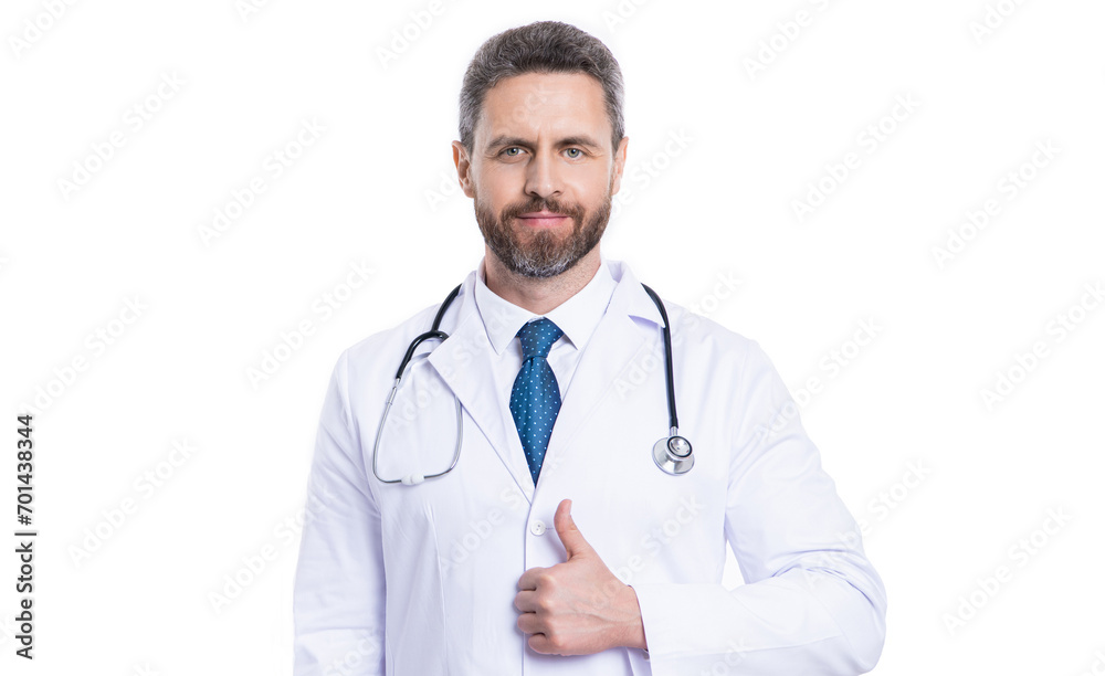 healthcare physician doctor isolated on white. medicine and healthcare. doctor offer advertisement, thumb up. medical health advertisement. doctor in medicine hospital. Wellness product promotion