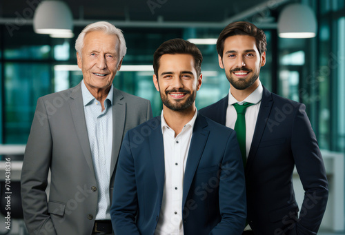 A cheerful trio of businessmen poses for an office portrait. The young leader, executive director, and two team members of different generations smile at the camera.
