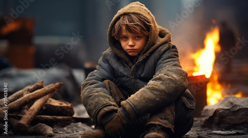 Portrait of a homeless little child boy on the street in cold weather near a fire dressed in torn and dirty clothes.