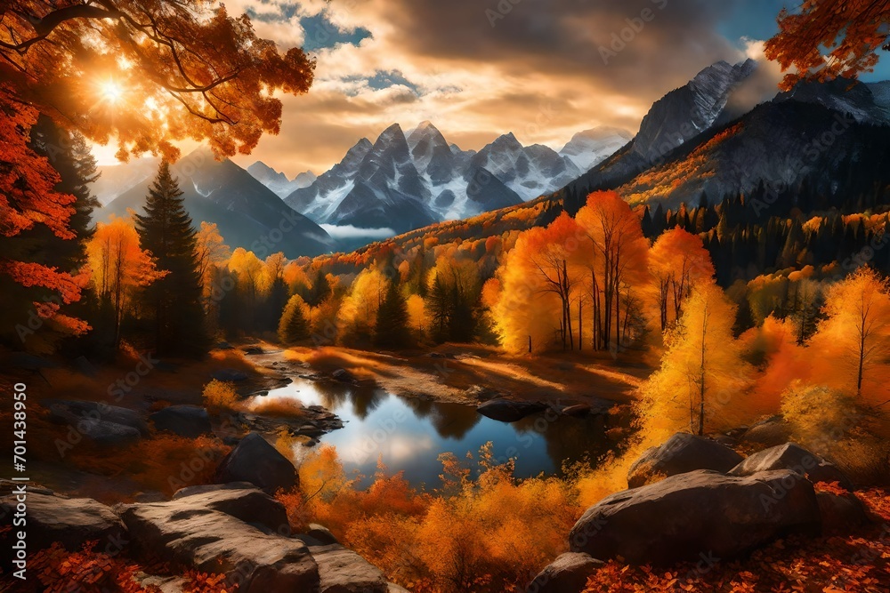 Picture an Autumn morning where the mountains are bathed in an exquisite play of light, casting a spell of serene beauty.