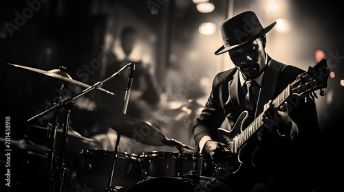 Old Film Style Black Musicians, Vintage Jazz Era, Retro Musicians, Classic Jazz Band, Nostalgic Musical Performance, Black and White Film Aesthetics