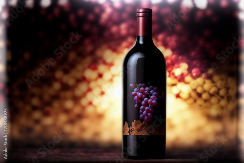 bottle and glass of red wine with grapes on a dark background