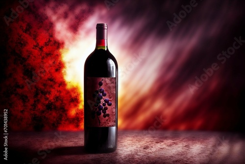 bottle and glass of red wine with grapes on a dark background