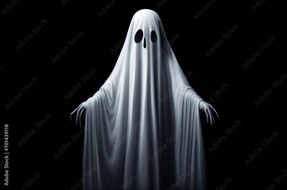 A ghost in a white robe on a black background. A ghost in a white robe on a black background.