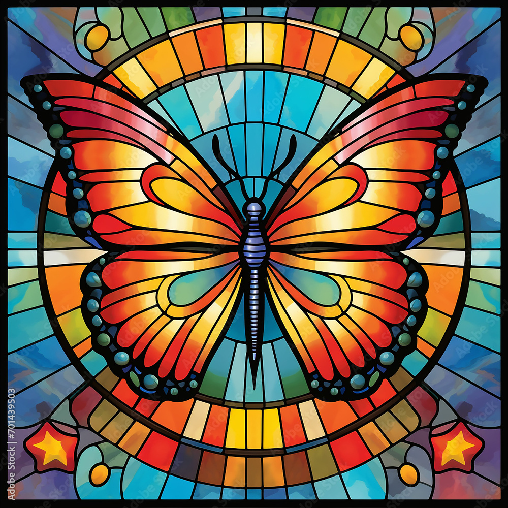 Adorable stained glass image frame design with butterfly in the middle. Generative AI