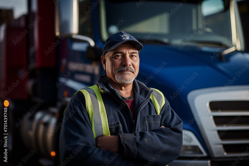 Portrait of driver man truck car ready travel. Logistic center cargo trucks transportation shipping lorry delivery freight road. Generative AI