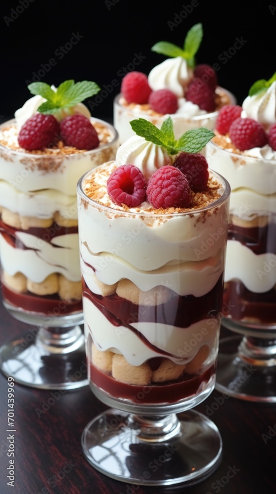 Three desserts with raspberries and whipped cream. Valentine's Day desserts. Three desserts with raspberries and whipped cream. Valentine's Day desserts.