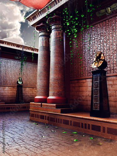 Fantasy scene with a wall of an ancient Egyptian temple, with hieroglyphs and the statue of a pharaoh. Made from 3d elements and painted parts. No AI used. 