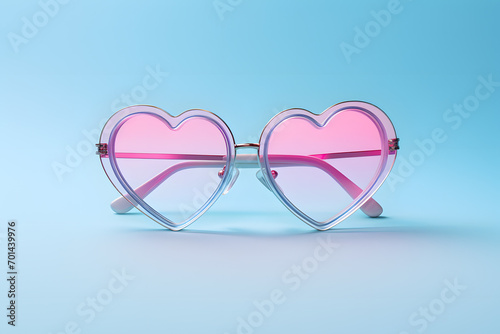 Heart shaped sunglasses on pastel blue colored background