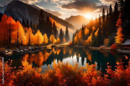 Picture an Autumn morning where the mountains are bathed in an exquisite play of light, casting a spell of serene beauty. 