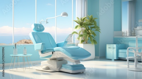 Dentist chair in modern room with blue walls