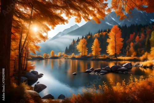 Picture an Autumn morning where the mountains are bathed in an exquisite play of light, casting a spell of serene beauty. 