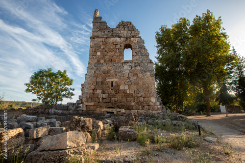 Scenic ruins of the nymphaeum (nymphaion) in Perge (Perga) at Antalya Province, Turkey. Awesome view of the ancient Greek city. Perge is a popular tourist destination in Turkey. photo