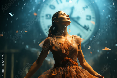Obraz przedstawiający młodą kobietę na tle wielkiego zegara, symbolizującego upływ czasu piękno i sztukę.