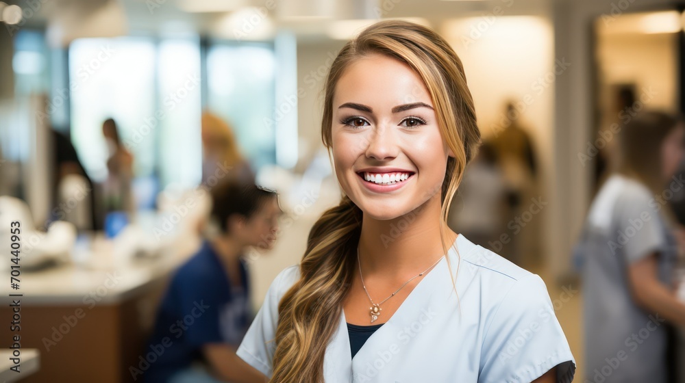 Fototapeta premium Young female dentist standing in dental office