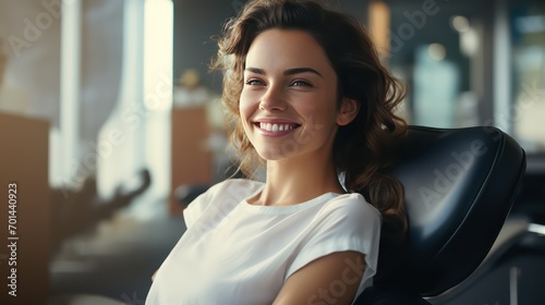 Smiling young woman sitting in a chair at the office