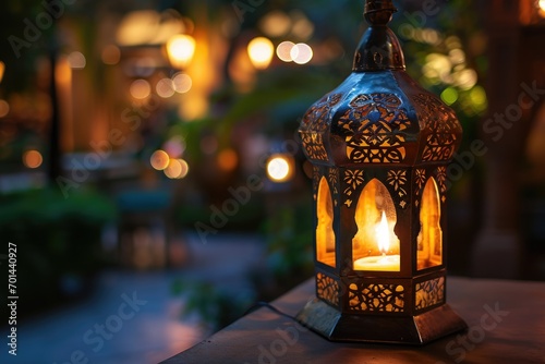 Ornamental Arabic lantern with burning candle glowing at night. Muslim holy month Ramadan Kareem.
