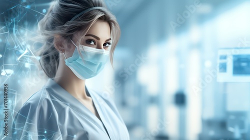Young female scientist in lab coat and protective mask