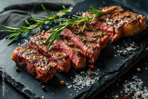 Sliced grilled meat steak with spices rosemary and pepper on black marble board