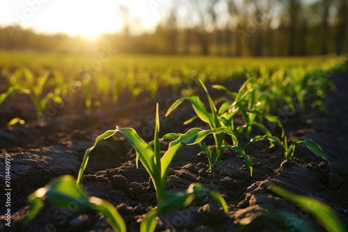 Springtime corn field with fresh, green sprouts.