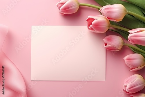white paper blank postcard mockup with peach colored tulip flowers and petals lying on a pink plain background. birthday wedding celebration template composition