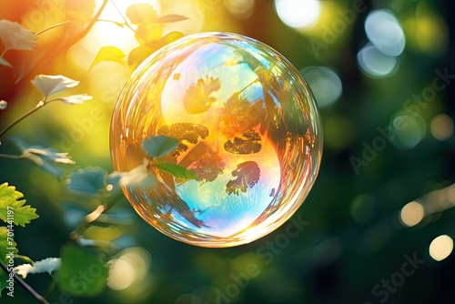 iridescent transparent soap bubbles on a blurred nature background © valentina