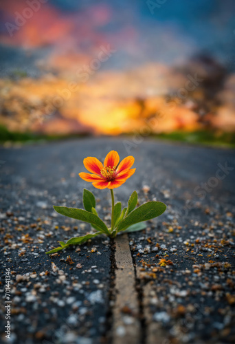 Une petite fleur qui pousse au milieu de la route dans du goudron - generative AI