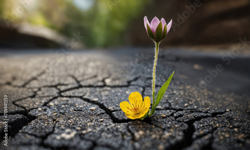 Une petite fleur qui pousse au milieu de la route dans du goudron - generative AI photo