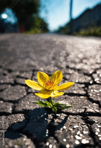 Une petite fleur qui pousse au milieu de la route dans du goudron - generative AI