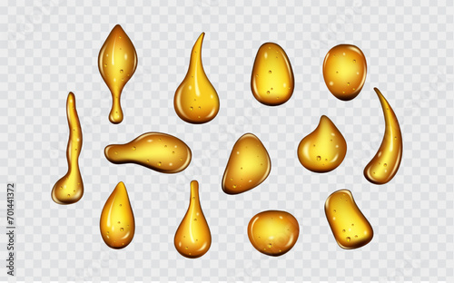 Set of liquid golden drops of water, honey or oil. Collagen cosmetic essence. Organic serum or argan bubbles. Falling gasoline yellow droplet.