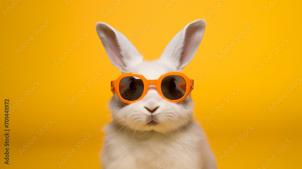 A rabbit wearing orange sunglasses on a bright yellow surface.