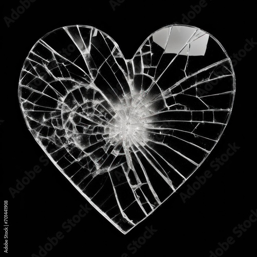 A broken glass heart on a black background.