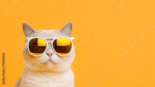 White cat in sunglasses on an orange background with copyspace
