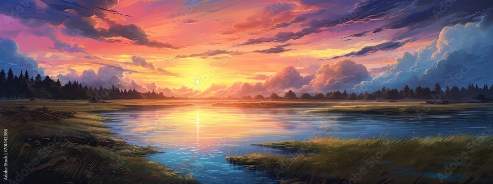 Sunset sky background. Cartoon anime summer sunrise panorama landscape