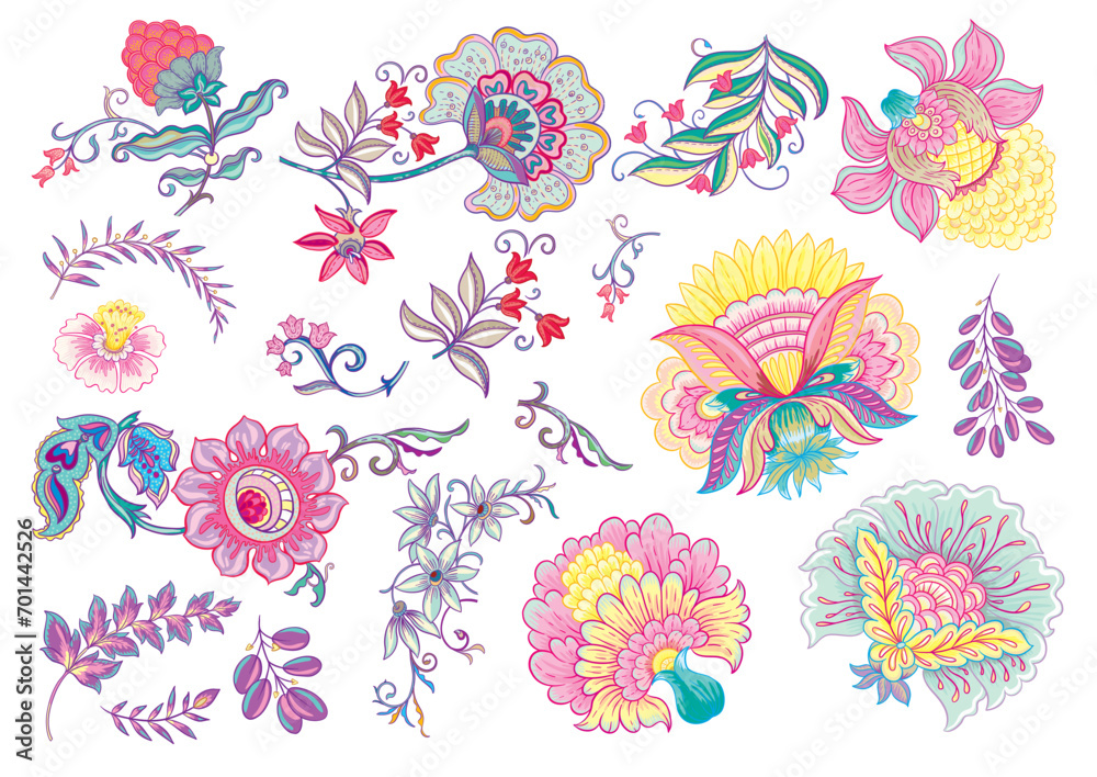 Fantasy flowers in retro, vintage, jacobean embroidery style. Millefleurs trendy floral design. Clip art, set of elements for design Vector illustration.
