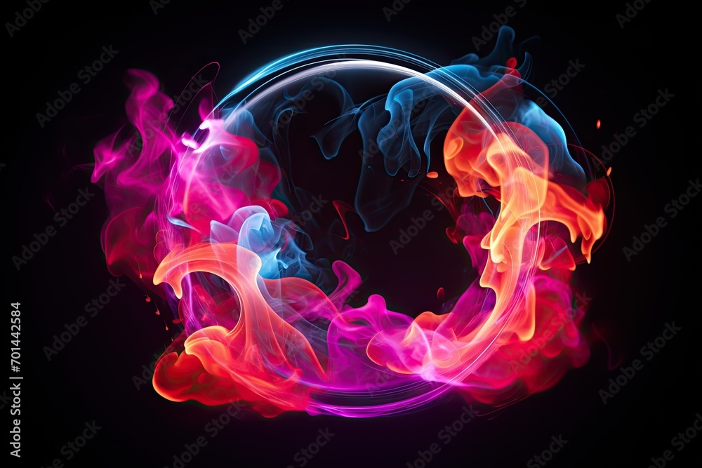 texture of fiery magical neon transparent pink smoke in a round frame. black backdrop