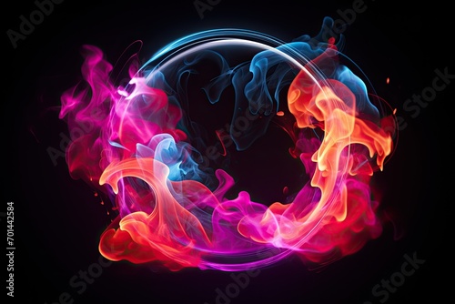 texture of fiery magical neon transparent pink smoke in a round frame. black backdrop